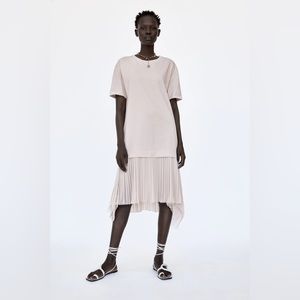 Zara Beige Oversized T-shirt Dress with pleated hem NWTs